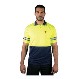 First Class Two Tone Polyester Polo Shirt with Reflective Stripes Lime Yellow/Navy (XL)