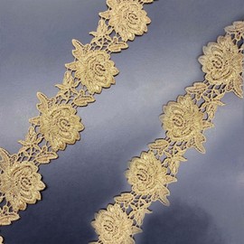 BZWKQA Golden Rose Lace Trim Ribbon - 4.6cm (1.8") Wide, 5 Yards - Embroidered Floral Applique for Bridal Dresses, Veils, DIY Boho Wedding Decor, Vintage Craft Sewing