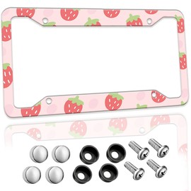 Pink Strawberry License Plate Frame Cute Aluminum License Plate Holder Personalise Car Tags Decorative Car Accessories with Screws for Women Fit Standard Us Canada Vehicles 12.3x6.3 inch