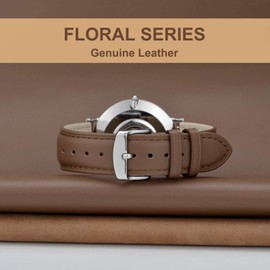 WOCCI 22mm Flower Watch Band for Women, Genuine Leather, Quick Release Strap, Silver Buckle (Brown)