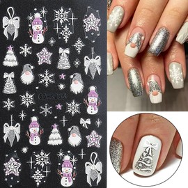 Christmas Nail Stickers 3 Sheets Winter Nail Stickers Silver Glitter Christmas Tree Snowman Snowflake Gnome Christmas Nail Decals Holiday Nail Stickers DIY Nail Art Decoration Nail Art Supplies
