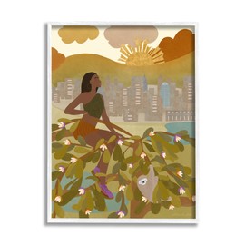 Stupell Industries Woman Sitting in Tree Sloth Animal City Buildings White Framed Wall Art, 16 x 20, Green