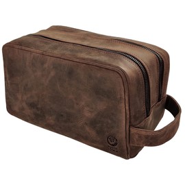 RUSTIC TOWN Full Grain Leather Travel Toiletry Bag - Dopp Kit Organizer (Dark Brown)