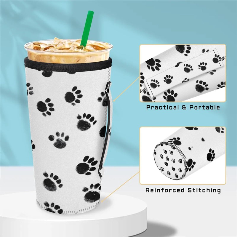 Reusable Iced Coffee Sleeve with Handle, Dog Footprints Coffee Cup