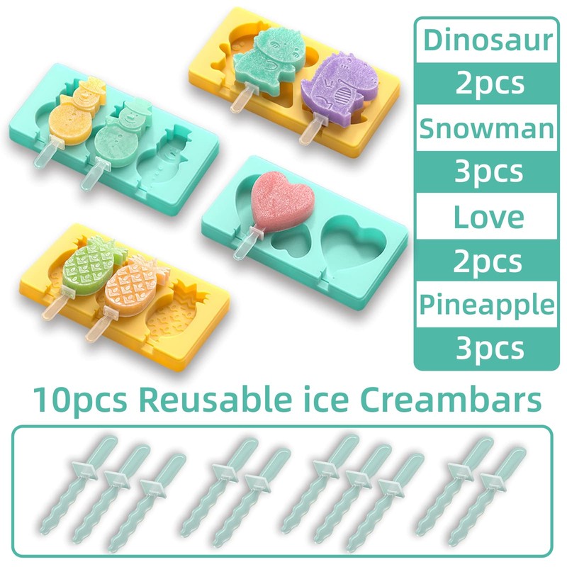 Kids Cartoon Popsicle Molds - 4 Pack, 10-Cavity Food-Grade Silicone