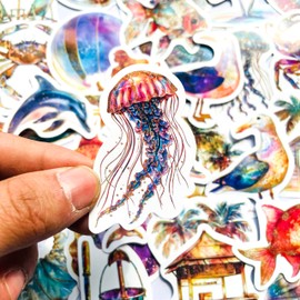 50-Piece Beach Watercolor Stickers Pack - Ocean Coastal Designs with Shells, Dolphins, Mermaids, Jellyfish, Palm Trees - Aesthetic Waterproof Vinyl Stickers for Scrapbooking, Journals, Laptops