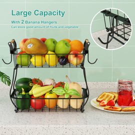 ANTOPY 2 Tier Fruit Basket with 2 Banana Hangers, Countertop Fruit Vegetable Basket Bowl for Kitchen Counter Metal Wire Fruits Storage Stand Holder Organizer for Bread Snack Veggies Produce