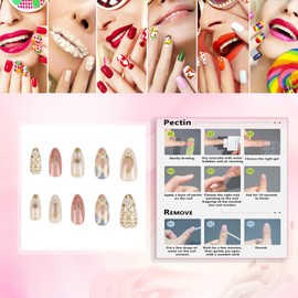 Rchovsam Press on Nails Medium Almond Nails Press on Gold Stripe Designs False Nails Cat Eyes Full Cover Acrylic Fake Nails for Women 24pcs