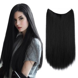 SARLA Invisible Wire Hair Extensions Black Straight Long Synthetic Hairpieces for Women 22 Inch Adjustable Headband Heat Resistant Fiber No Clip
