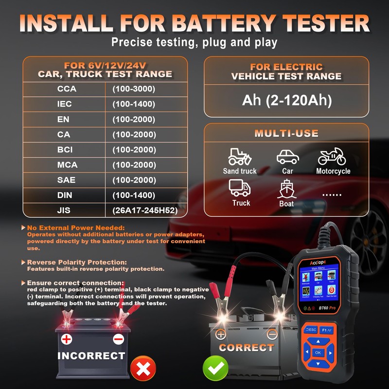 BT60 Pro Acclope Car Battery Tester with Cloud Printing 100-3000