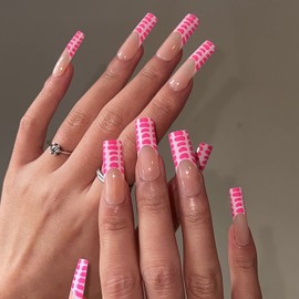 BABALAL French Tip Press on Nails Pink Fake Nails Square False Nails Squoval Nails Glossy Nails Long Nails for Women and Girls