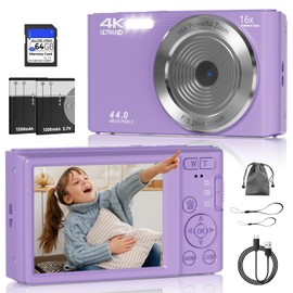 Digital Camera, FHD 4K 44MP Digital Camera, 16X Digital Zoom, Digital Point and Shoot Camera with 3-LED Fill Lights, 64GB SD Card, Compact Camera for Kids Teen Boys Girls, Purple