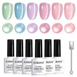 RARJSM Pastel Cat Eye Gel Nail Polish Set 6 Pcs Smoothie Ceramic Silver White Glitter Shimmer Purple Blue Green Nude Rose Pink Velvet Cateye Gel Polish with Magnetic Stick Soak off Curing Require