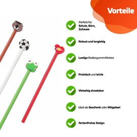 WPRO Set of 10 Pencil with Eraser Fun Frog, Bear, Heart, Football, Cartoon Animals Motif, Children, Birthday, Gift, Boys and Girls, Party Bag