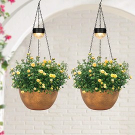 2 Packs Hanging Planters Basket for Outdoor Plants, Solar Powered Self Watering Bronze Round Plastic Flower Pots with Drainer for Balcony Patio Garden Outdoor Decoration