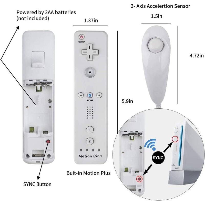 TechKen Motion Plus Wii Controllers 2Packs with Nunchucks, Wii Remote