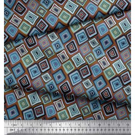 Soimoi Brown Poly Crepe Fabric Square Geometric Print Fabric BTY 52 Inch Wide