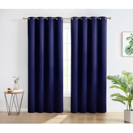 HLC.ME Oxford Navy Curtains 63 Inch Length - Blue Curtains for Bedroom, Sound Dampening Thermal Insulated Window Curtain Grommet Panels, Set of 2 (52 W x 63 L, Navy Blue)