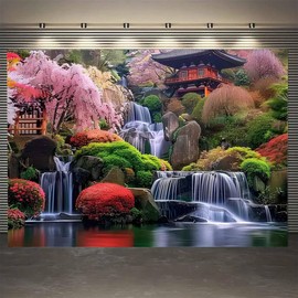 FENDROM Nature Japanese Aesthetic Pink Cherry Blossom Tree Tapestry Building On Mountains Waterfall River Wonderland Spring Asian Art Wall Hanging for Bedroom Living Room