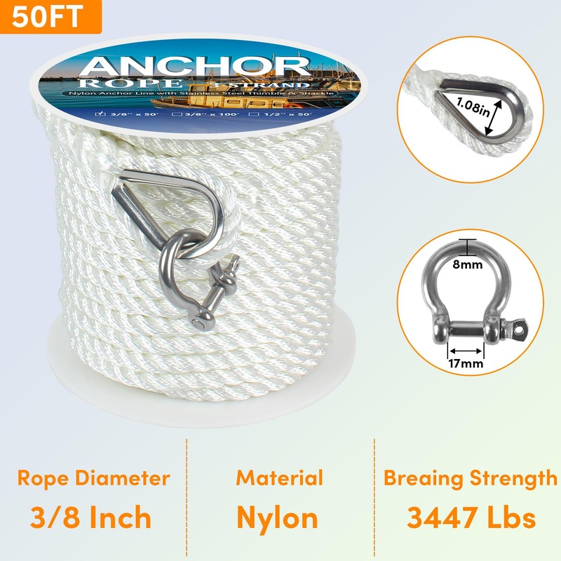 Anchor Rope 50 ft X 3/8 inch, 3-Strand Twisted Nylon