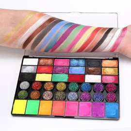 KARLOR 42 Colours Face Paint Palette with Brush, 18 Matte Face Paint + 16 Glitter Colours + 8 UV Neon Face Paint, Face Paint, Body Painting, Face Make-Up Paint, Theatre Make-Up, Water Soluble