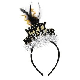 Dzrige Happy New Year Headband with Feather and Silver Tinsel, Glitter New Years Eve Headwear New Year Hair Accessories for New Year Birthday Carnival Party Props Decoration
