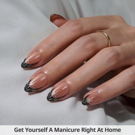 BTArtbox French Tip Press On Nails - Lamp-Curable Short Almond Black Press On Nails with Glue for Women, Semi-Transparent Soft Gel Glue On Nails in 16 Sizes - 32 Stick On Nails Kit, Midnight Spark