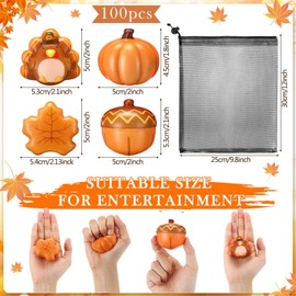 HyDren 100 Pcs Fall Party Favors Thanksgiving Stress Balls Bulk Toys Fall Gift, 2" Pumpkin Turkey Acorns Maple Leaf Stress Relief Ball with Storage Bag for Festival Basket Stuffer Filler Prize Reward