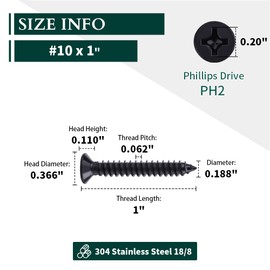 #10 x 1 Flat Head Phillips Sheet Metal Tek Screws, 304 Stainless Steel 18-8, Black Oxide Coated Finish, Corrosion Resistant Flat Head Wood Screws, 50 PCS