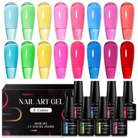 MEET ACROSS 8PCS Jelly Crystal Gel Nail Polish Set, Jelly Gel Polish Kit, Glaze Glass Transparent Nail Polish Sheer Pink Green Blue Nail Gel Polish, Soak Off UV Nail Gel for Home Manicure Nail Salon