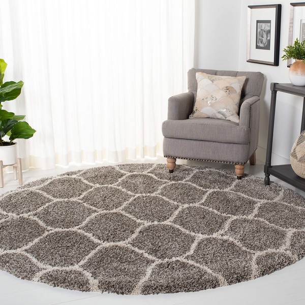SAFAVIEH Hudson Shag Collection SGH280B Moroccan Ogee Trellis Non-Shedding Living Room Bedroom Dining Room Entryway Plush 2-inch Thick Area Rug, 5' x 5' Round, Grey / Ivory