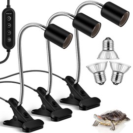Hortsun 3 Set Timing Turtle Heat Lamp with Clamp Aquarium Turtle Tank Basking Light with Cycle Timer Dimmable 50w Uva Uvb Full Spectrum Sun Sunbathe Heat Bulb for Reptile Snake Aquarium Amphibian