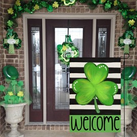 CROWNED BEAUTY St Patricks Day Shamrock Garden Flag 12x18 Inch Double Sided for Outside Small Burlap Welcome Green Clover Stripes Holiday Yard Flag