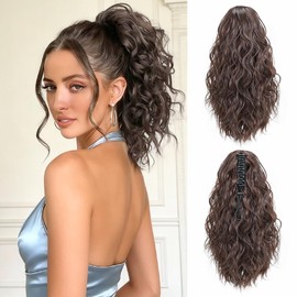 Doxken Claw Clip Ponytail Extension 14 Inch Brown Lightweight Wavy Curly Clip in Pony Tails Short Synthetic Hair