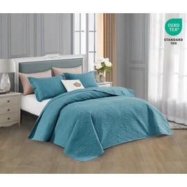 CHIXIN Quilt King Size - Damask Paisley Bedspread Coverlet Set - Classic & Gorgeous Style Bedding Cover, Ultrasonic Quilting, Reversible, Lightweight, 4 Piece, Lagoon