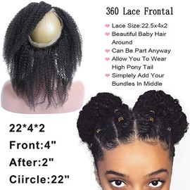 360 Lace Frontal Afro Kiny Curly Closure Piece Human Hair 4B 4C Curly Circle Lace Band Closure PrePlucked with Baby Hair Brazilian Remy Hair 8"inch