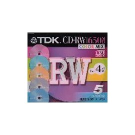 TDK CD-RW Data 650MB 4x Color Mix 5mm Thick Case Pack of 5 [CD-RW74X5CCS]