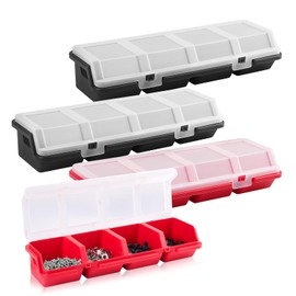 Duogalia 4 Pack Screw Organizer Box with Lids, 4 Compartments Tool Bin Stackable Sorting Screw Toolbox for Garage Nails Hardware Workbench Organizing Storage, Red & Black