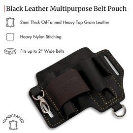 FESA EDC Leather Multitool Sheath - Top Grain Leather EDC Pouch Organizer for Flashlight, Tactical Knife Multitool & Pen - with Keyring Clip - Work & Everyday Use Utility Belt Pouch for Men (Black)