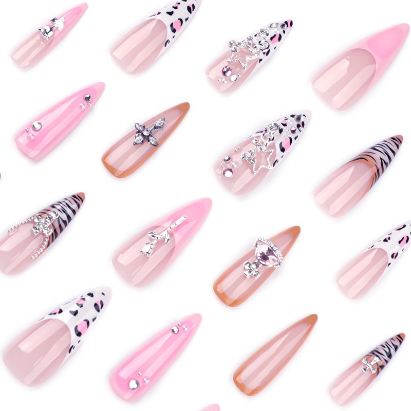 MISUD Press on Nails Long Stiletto Fake Nails Glossy Glue