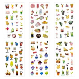 Andiker 6 Sheets Scrapbooking Stickers, Watercolor Self Adhesive Washi Sticker, Summer Drinks Food Theme Decals for DIY Craft, Diary, Letters, Notebook and Calendar Decoration