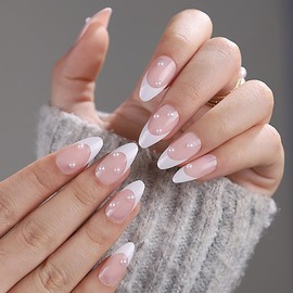 French Tip Press on Nails Medium Almond Acrylic False Nails White Tips Fake Nails with Pearl Designs Glossy Glue on Nails Natural Full Cover Artificial Nails Stick on Nails for Women Girls 24PCS