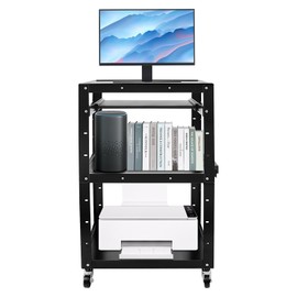 Large Steel Rolling Cart with Power Strip and Storage - Media Cart for Video Projector,TV,Printers,Computers with with 4 Casters,2 Locking Brakes,1 Sliding Keyboard Tray
