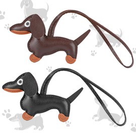 DSLSQD Pack of 2 Dachshund Keyrings, Cute Puppy Dog Bag Pendant, Leather Lucky Charm Dachshund Keychain, Dog Key Fob, Leather Animal Keyring, Dachshund Gifts, for Women and Men, dark brown