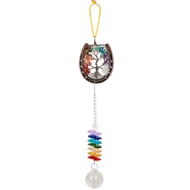 Nupuyai 7 Chakra Horseshoe Tree of Life Window Hanging Ornament Colouful Suncatcher, Crystal ball Prism Pendant Home Wall Art Good Luck Wedding Decor