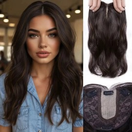Large Base Toppers Hair Pieces for Women Full Volume Middle Part Clip in Bangs Synthetic Wavy Hair Topper for Daily Wearcolor: RH4 426, stretched length: 14inches, toupee size: 6x6