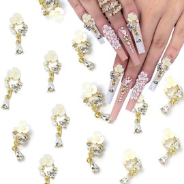 11 Pcs 3D Flower Nail Charms White Floral Nail Art Rhinestones 3D Luxury Alloy Nail Gems for Nail Jewels with Pendant Camellia Design Nail Diamonds for Women DIY Manicure Ornament Accessories