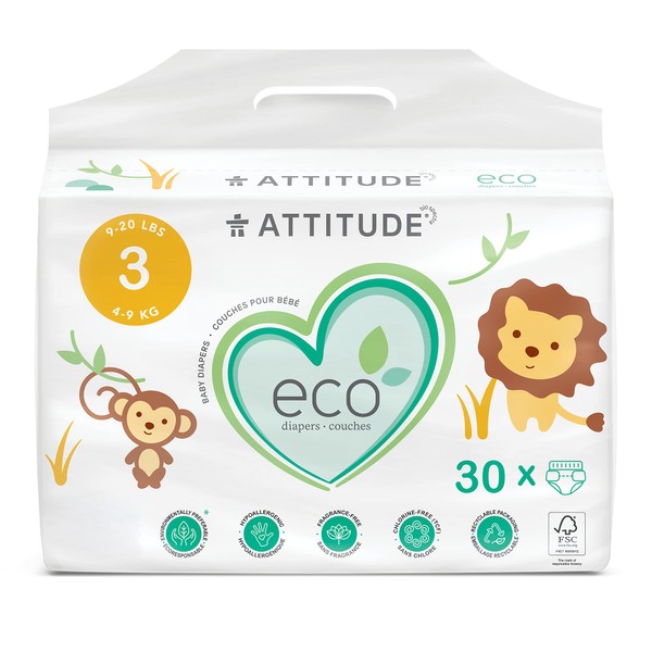 ATTITUDE Natural Diapers, Non-Toxic, Eco-Friendly, Safe for Sensitive Skin, Chlorine-Free, Leak-Free & Biodegradable Baby Diapers, Plain White (Unprinted), Size 3 (9-20 lbs), 30 Count (16230)