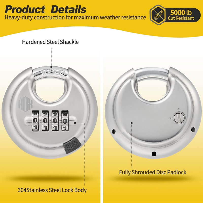 HOX Combination Lock, 4 Digit Disc Padlock with 3/8 Inch