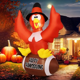 GOOSH 5 FT Thanksgiving Inflatables Turkey Outdoor Decorations Blow Up Yard Turkey with a Rugby with Built-in LEDs for Indoor Party Garden Lawn Decor